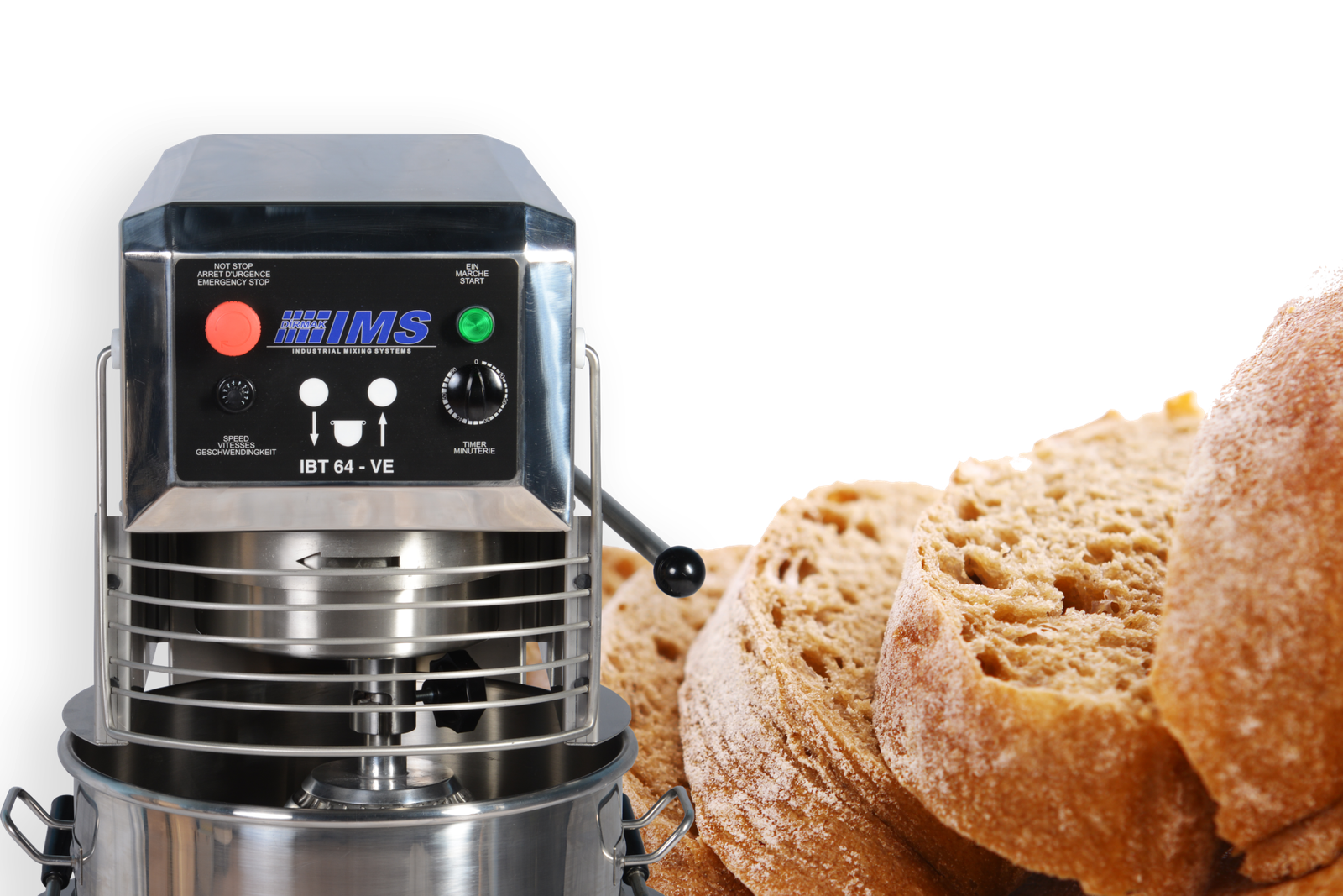 Close-up of the IBT 64-VE control panel beside real bakery bread output