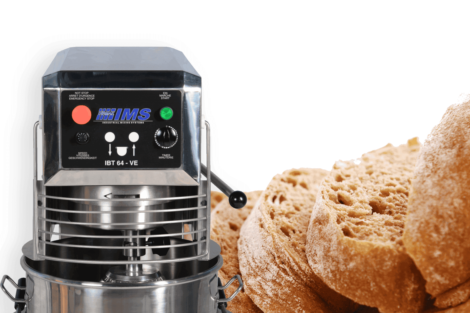 Close-up of the IBT 64-VE control panel beside real bakery bread output