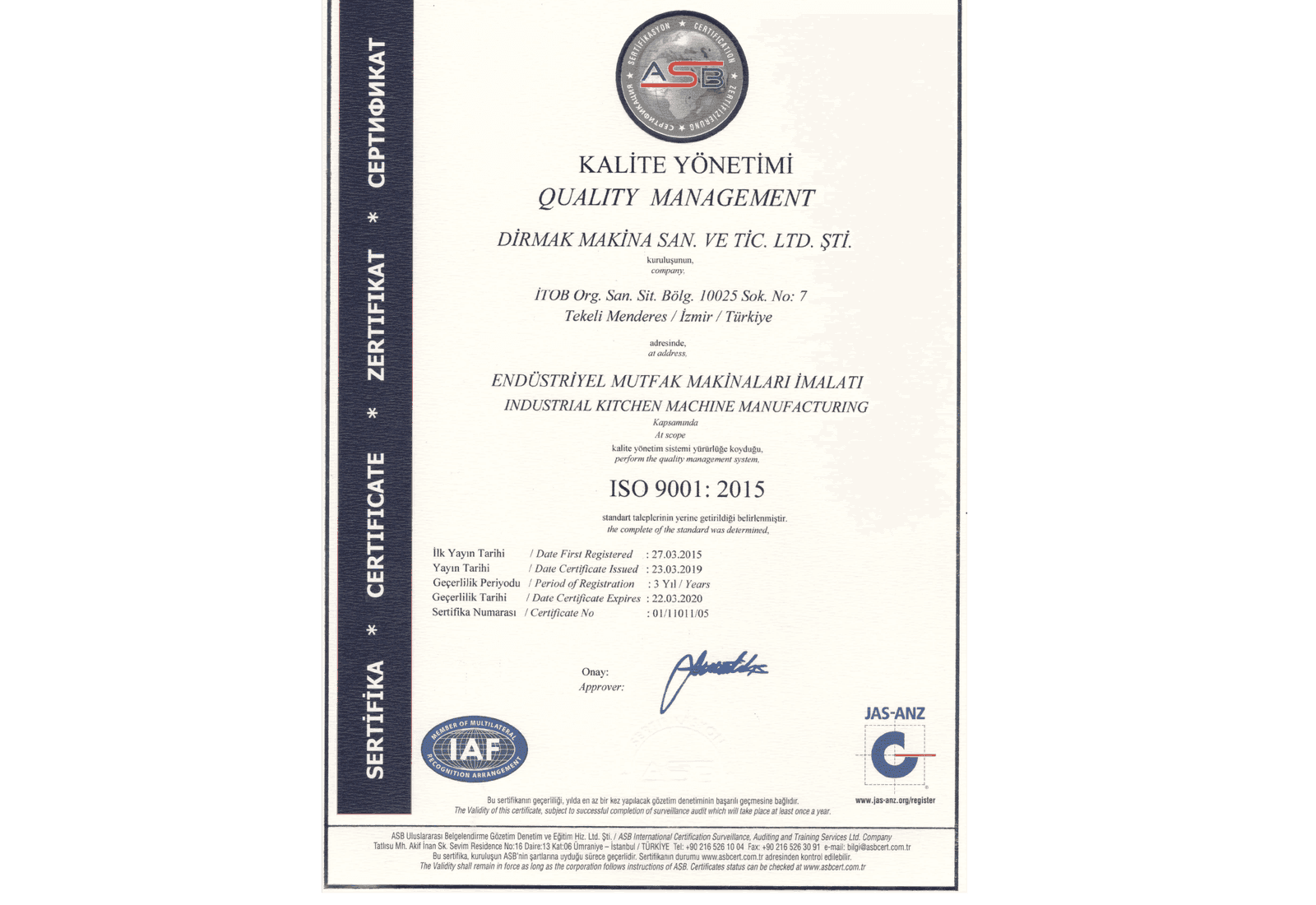 Dirmak ISO 9001 quality management system certificate